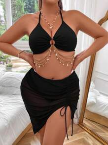 Swim Vcay Conjunto De 3 Piezas Separables Con Corbata Halter Decorada Con Cadena De Metal De Talla Grande Para Mujer