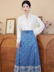 風改良版漢服馬面裙,具漢族元素 - 藍色 - 查看 4