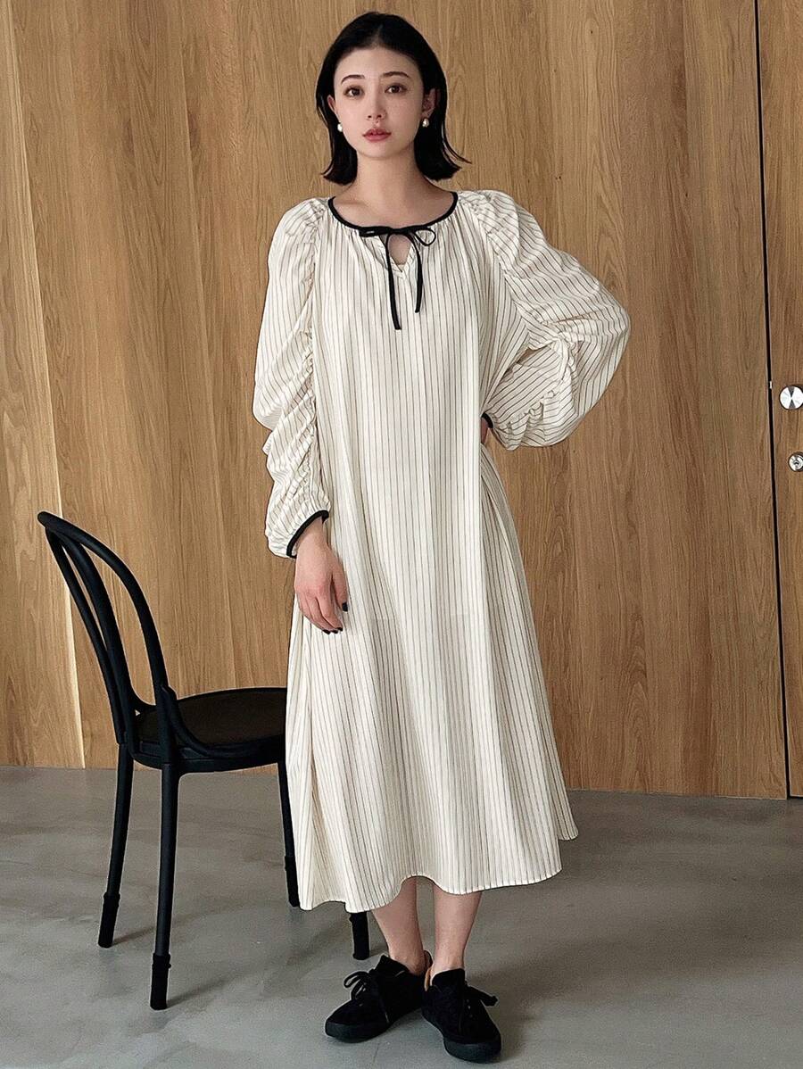 Của phụ nữ Xếp li Tay áo Sọc Tay áo dài Đầm - Màu Khaki - Xem 1