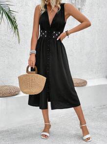 SHEIN LUNE 圖案撞色花邊拼接分裂擺連衣裙 - 黑色 - 查看 6