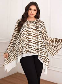 SHEIN Clasi Kích thước lớn In Vòng cổ Tay áo chuông Áo sơ mi - màu nâu - Xem 1