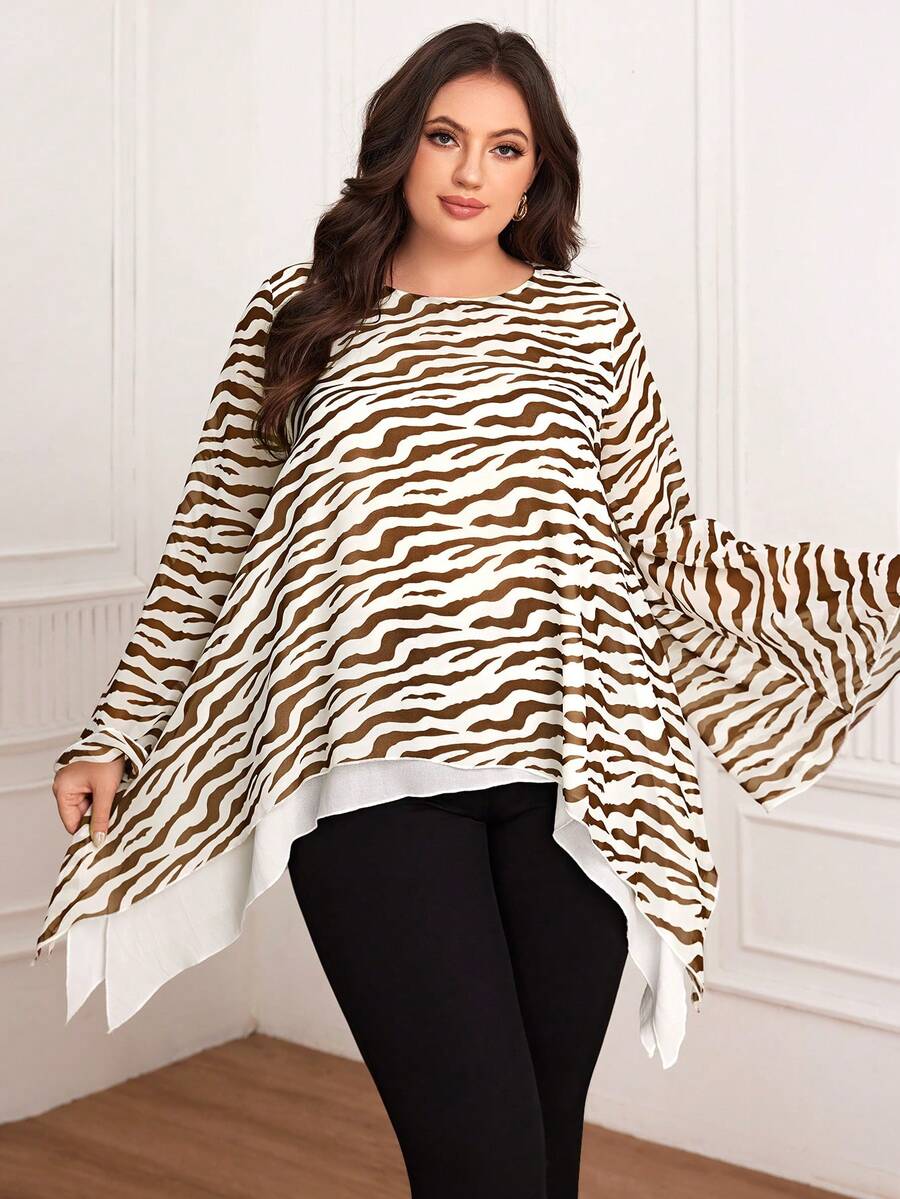 SHEIN Clasi Kích thước lớn In Vòng cổ Tay áo chuông Áo sơ mi - màu nâu - Xem 1