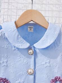 SHEIN 少女寬鬆休閒編織泡泡袖心形口袋上衣和裙子套裝