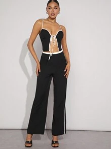 SHEIN Unity Contrast Tie Front Top & Pants Two Piece Set - Black and White - View 3