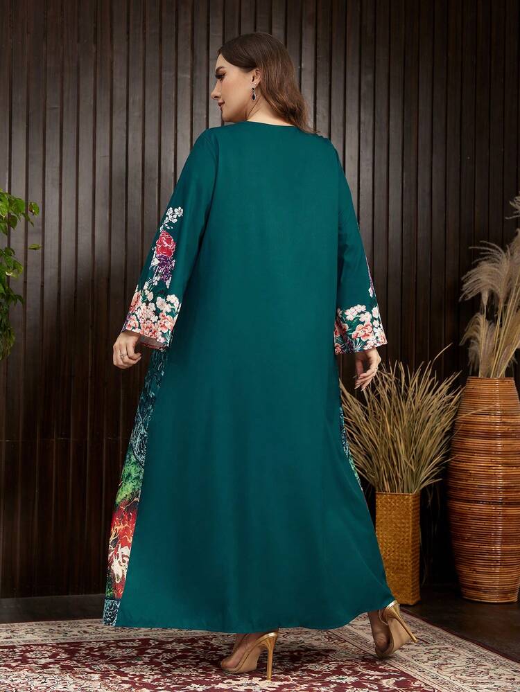 Plus Size Women's Floral Printed Patchwork Arabian Style Long Sleeve Tunic Dress