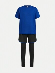 SHEIN 3 Cái/bộ Teen Boy Casual Màu Cổ Tròn Tay Ngắn Áo Form Rộng Quần Short Và Bó Sát Quần Dài Thể Thao - Nhiều màu - Xem 9