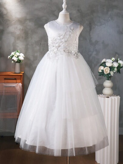 SHEIN Teenage Girls Flower Girl Dress, Sequin & Beaded High-End Tulle Party Dress For Girls, Graduation, Wedding, Birthday