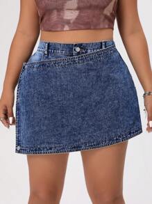 SHEIN EZwear Plus Size Women's Asymmetrical Hem Denim Skort - Medium Wash - View 3