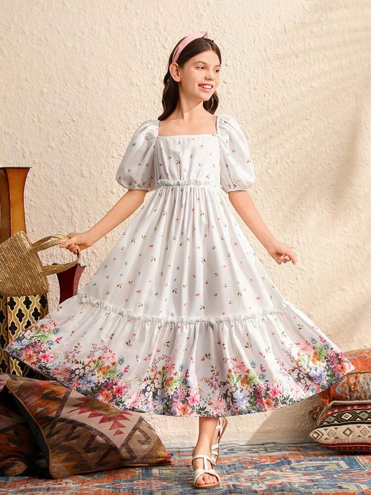 Tween Girl Printed Puff Sleeve Loose Fit Casual Dress With Square Neckline, Woven Fabric