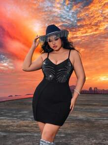 SHEIN SXY Plus Size Women's Black Summer 70's Night Out Club Party Rave Music Festival Country Concert Heavy Duty Rhinestone Studded Bandage Cami Dress - Black - View 2