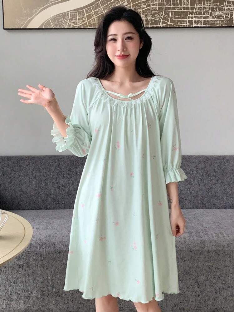 Patchwork Lace Cherry Printed Sleep Dress Pajama