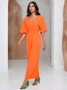 GENKIRA Solid Color V-Neck Wide Leg Jumpsuit With Elastic Waist - Orange - View 7