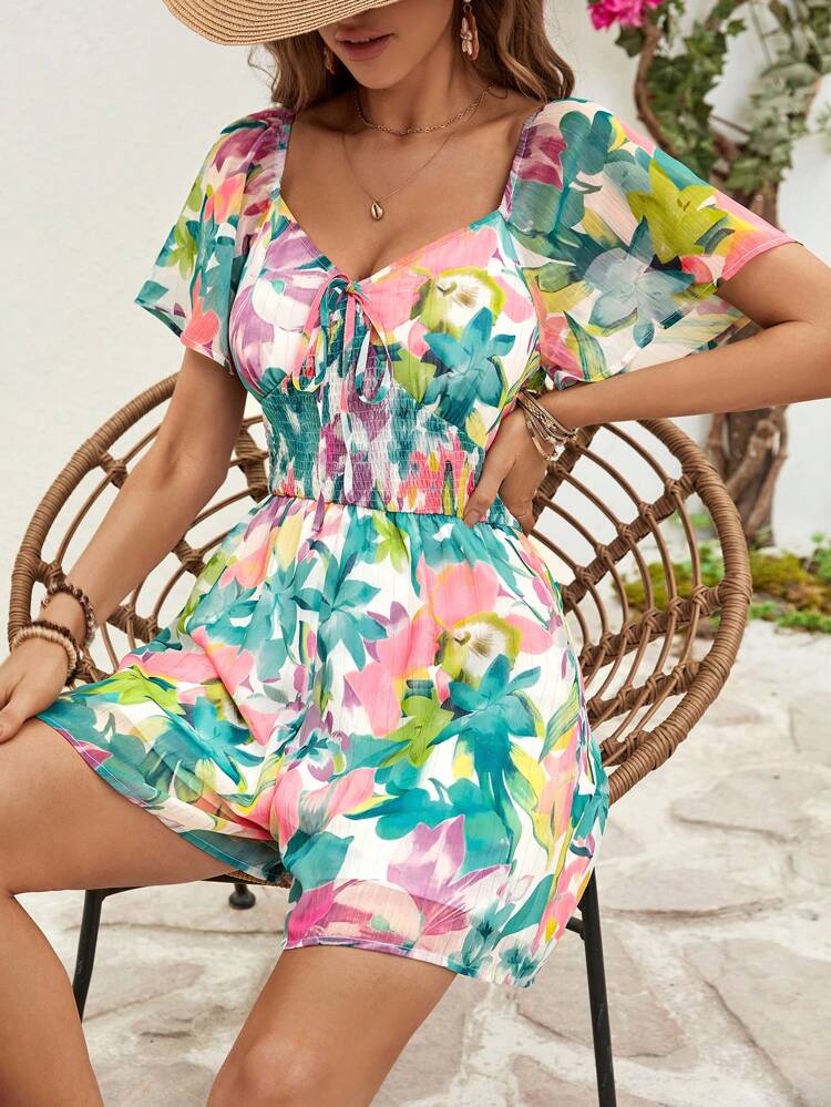 Women's Floral Print Sweetheart Neckline Wrap Waist Romper
