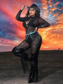 SHEIN SXY Plus Size Spring Summer  Rave Party Music Festival Country Concert Cross Strap Rhinestone Decorated Bodycon Jumpsuit - Black - View 3