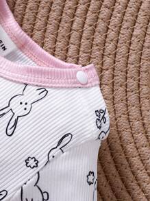 Baby Girl Simple & Cute Rabbit Printed Long Sleeve Romper, 2pcs/Set Home Clothes - Multicolor - View 3