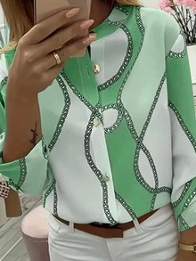 女士秋季休闲纽扣圆领数码金链印花圣诞元素印花长袖衬衫，适合日常、通勤、户外休闲穿着 - 綠色 - 查看 3