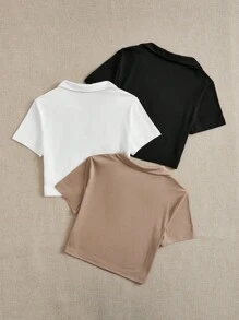 SHEIN EZwear 3 件套 V 领短袖短款休闲修身女式 T 恤，适合夏季 - 彩色 - 查看 2