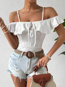 Allurite Women's Ruffle Off-Shoulder Floral Pattern Embroidery Bodysuit - White - View 6