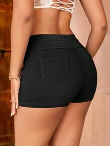 街头风纯色高腰斜插口袋弹力修身迷你短裤，休闲日常夏季款 - 黑色 - 查看 2