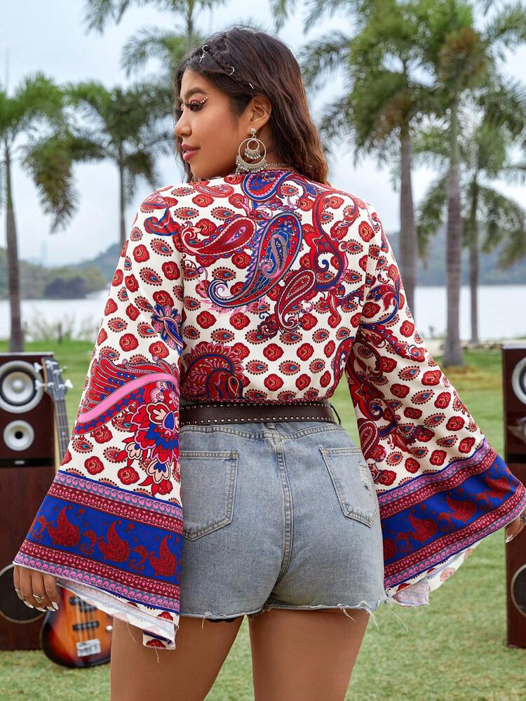 Plus Size Women's Paisley Print Tie Front Bell Sleeve Shirt