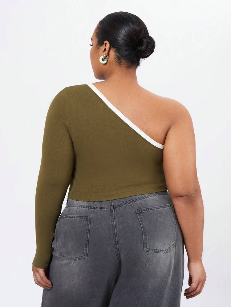 Plus Size One Shoulder Slim Fit Top With Letter Printing