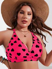 Swim Lushoire 夏季沙滩加大码全印花心形图案交叉露背比基尼上衣，海滩度假风 - 玫紅色 - 查看 1