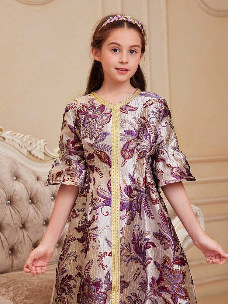 Tween Girl Loose Fit Cute V Neck Half Sleeve Floral Jacquard A-Line Midi Dress With Trumpet Sleeves