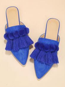 Fashionable Furry Ball & Tassel Decor Pointed Toe Flat Shoes