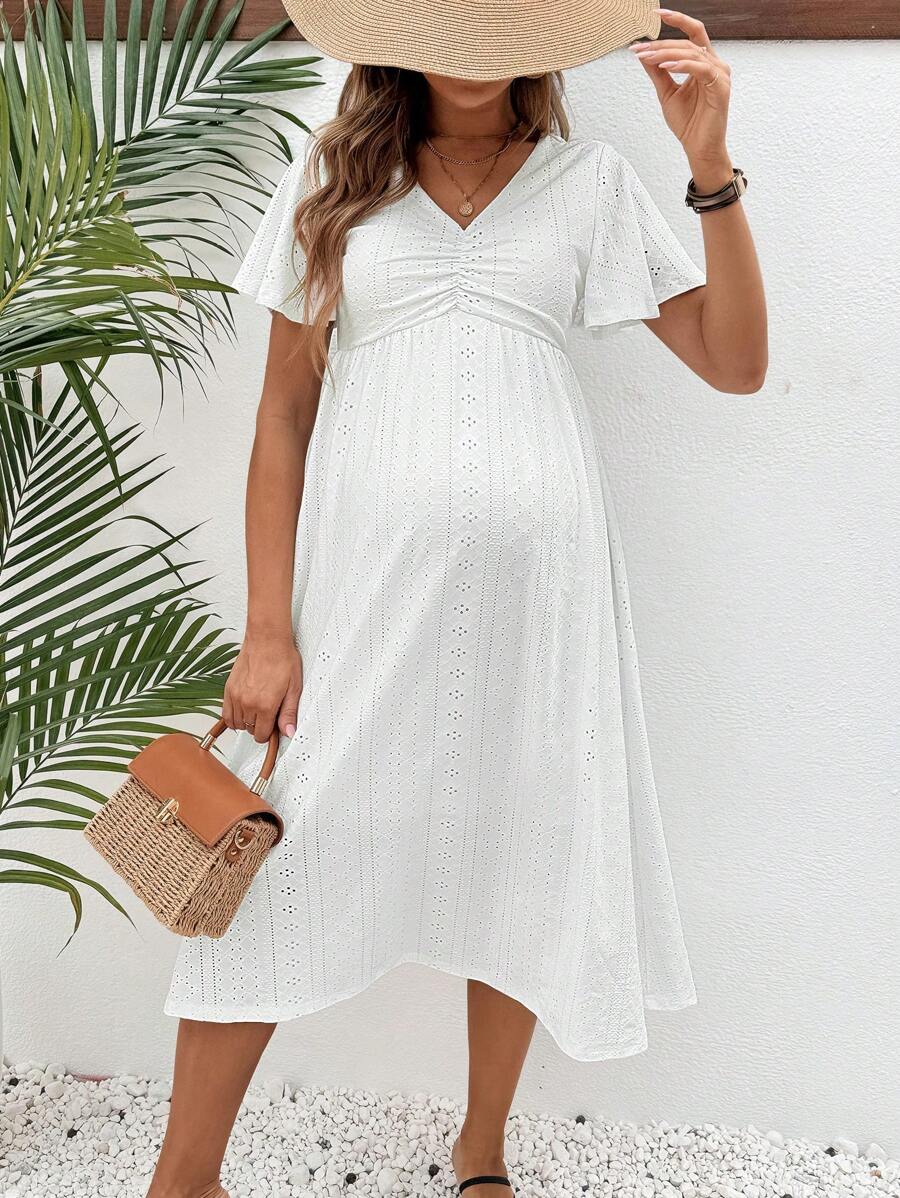 SHEIN Maternity V-Neck Flutter Sleeve Schiffy Dress - White - View 1