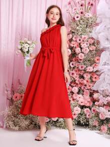 SHEIN Teen Girl Solid Color Mushroom Pleated Edge One Shoulder Strap Casual Dress - Red - View 5