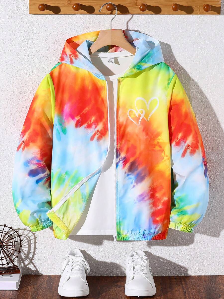 SHEIN 適合青少年男孩的休閒漸變染色連帽拉鍊編織夾克,帶印花,適用於度假 - 彩色 - 查看 1