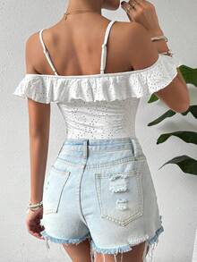 Allurite Women's Ruffle Off-Shoulder Floral Pattern Embroidery Bodysuit - White - View 2