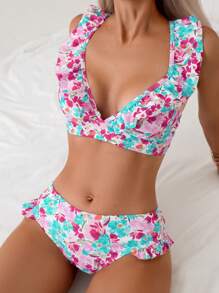 Swim Mod 花卉印花荷葉邊比基尼套裝，裝飾性邊緣設計，海灘裝泳衣夏季