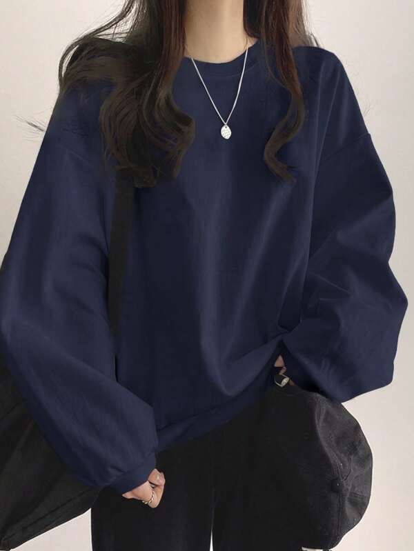 DAZY Solid Color Round Neck Drop Shoulder Casual Sweatshirt,Long Sleeve Tops,Fall Clothes