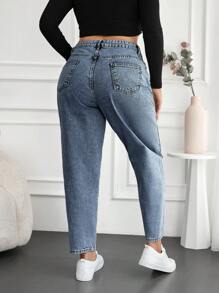 Cloudara Plus Size  Cone-Shaped Jeans With Slant Pockets And Distressed Details - Medium Wash - View 2