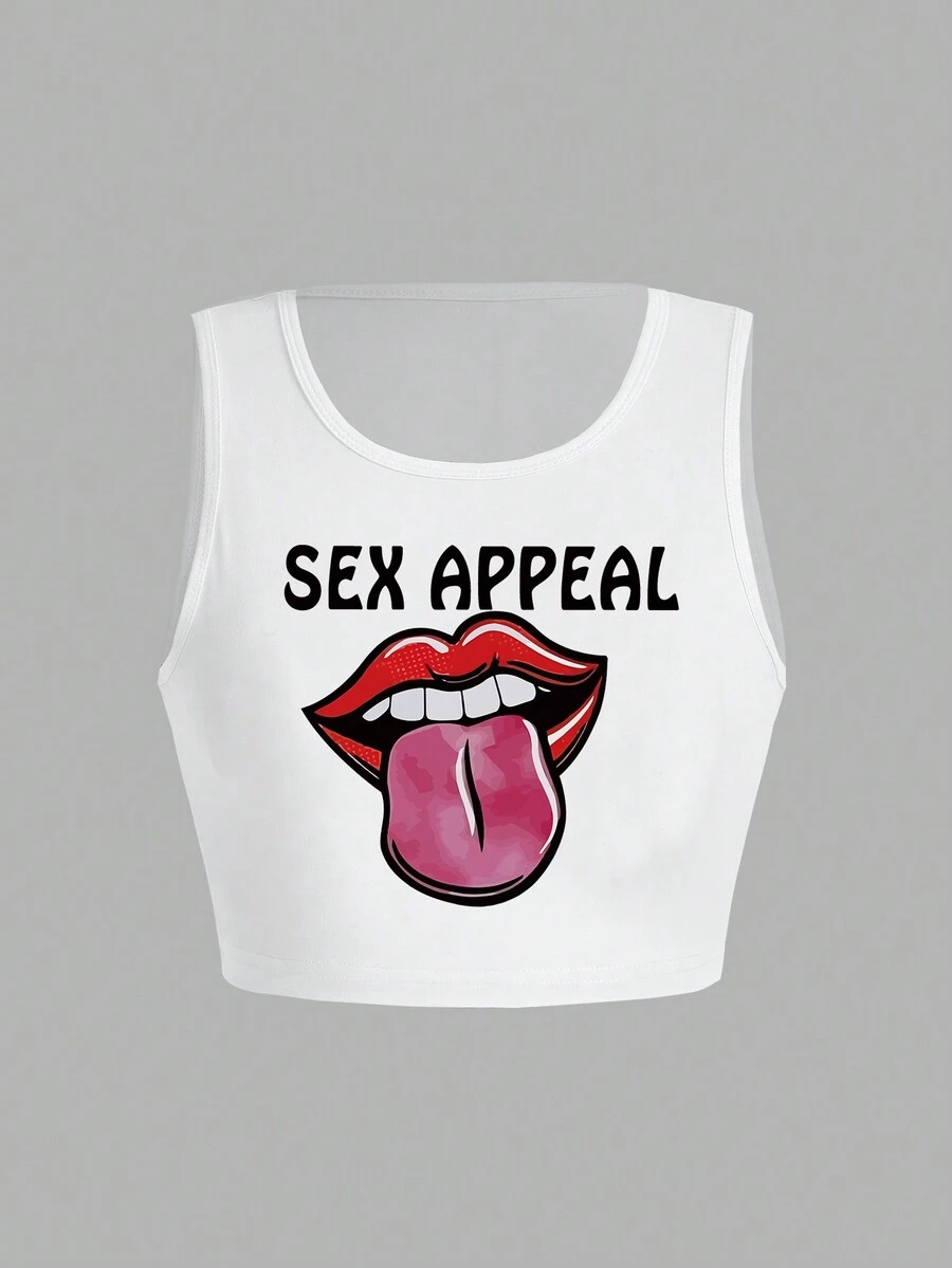 SHEIN Unity 女性感修身背心,紅唇和字母印花 - 白色 - 查看 1