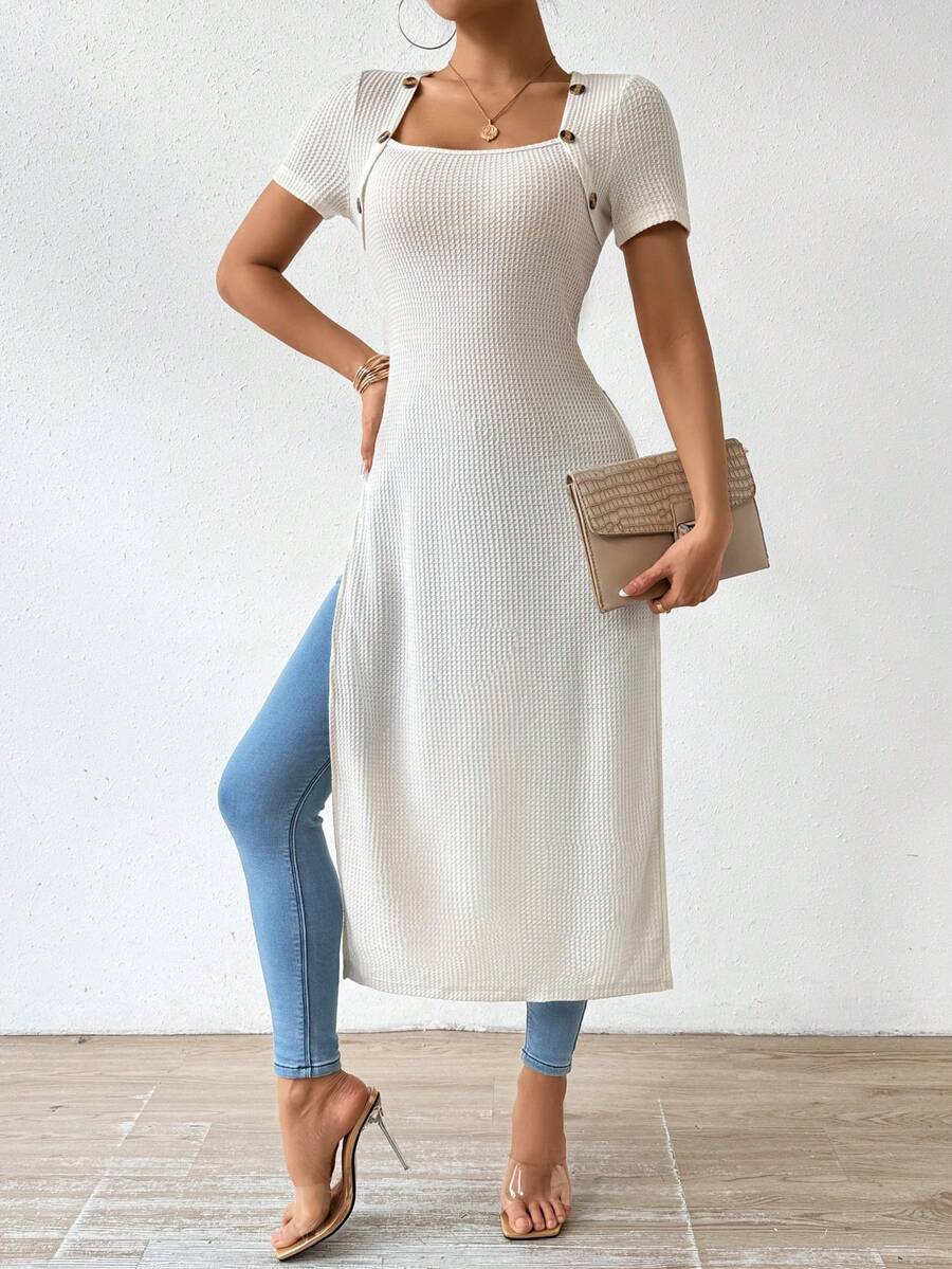 SHEIN Essnce Của phụ nữ Ngắn tay Viền chia cắt Áo thun Với Thiên nga Đường viền cổ áo - Màu be - Xem 1