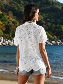 SHEIN Maternity Embroidered Short Sleeve Shirt - White - View 2