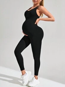 SHEIN Maternity Seamless Jumpsuit With Backless Shoulder Straps That Supports Belly, Great For Sport Or Daily Use - Black - View 4