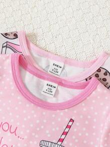 SHEIN Playful Pals Baby Girl Multiple Set Combination, 2 Sets Of Comfortable Short-Sleeved Shorts Printed With Cute Biscuits - Pink - View 7