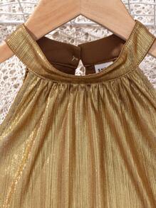 SHEIN Tween Girl Casual Vacation Metal Texture Halter Neck Shirt - Gold - View 3