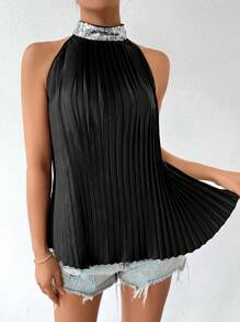 Chiquease Sequin Patchwork Stand Collar Pleated Halter Neck Blouse - Black - View 1