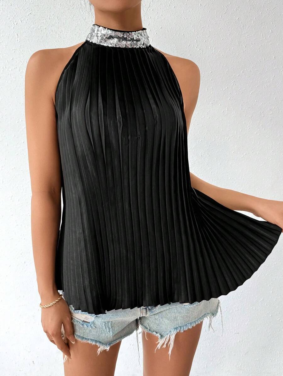 Chiquease Sequin Patchwork Stand Collar Pleated Halter Neck Blouse - Black - View 1