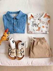 SHEIN Chemise décontractée pour garçon de style institut et T-shirt à manches courtes et imprimé animal confortable et respirant avec shorts pour la rentrée scolaire printemps-été