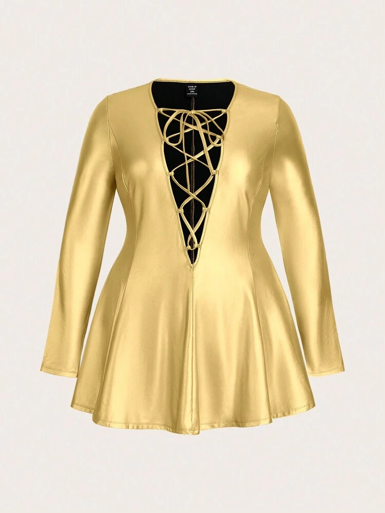 Plus Size Women's Metallic Fabric Dress With Front Tie Design