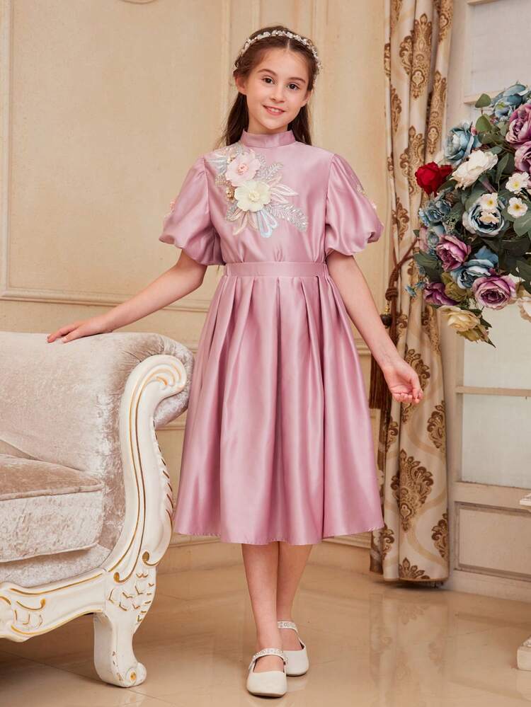 Tween Girl Fitted Lovely Elegant Flower Embroidered Stand Collar Puff Sleeve Top And Skirt