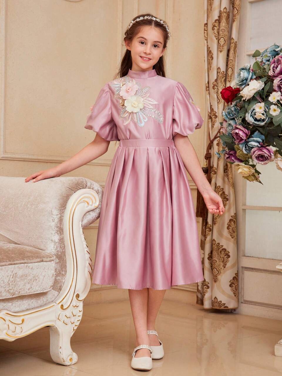 Tween Girl Fitted Lovely Elegant Flower Embroidered Stand Collar Puff Sleeve Top And Skirt