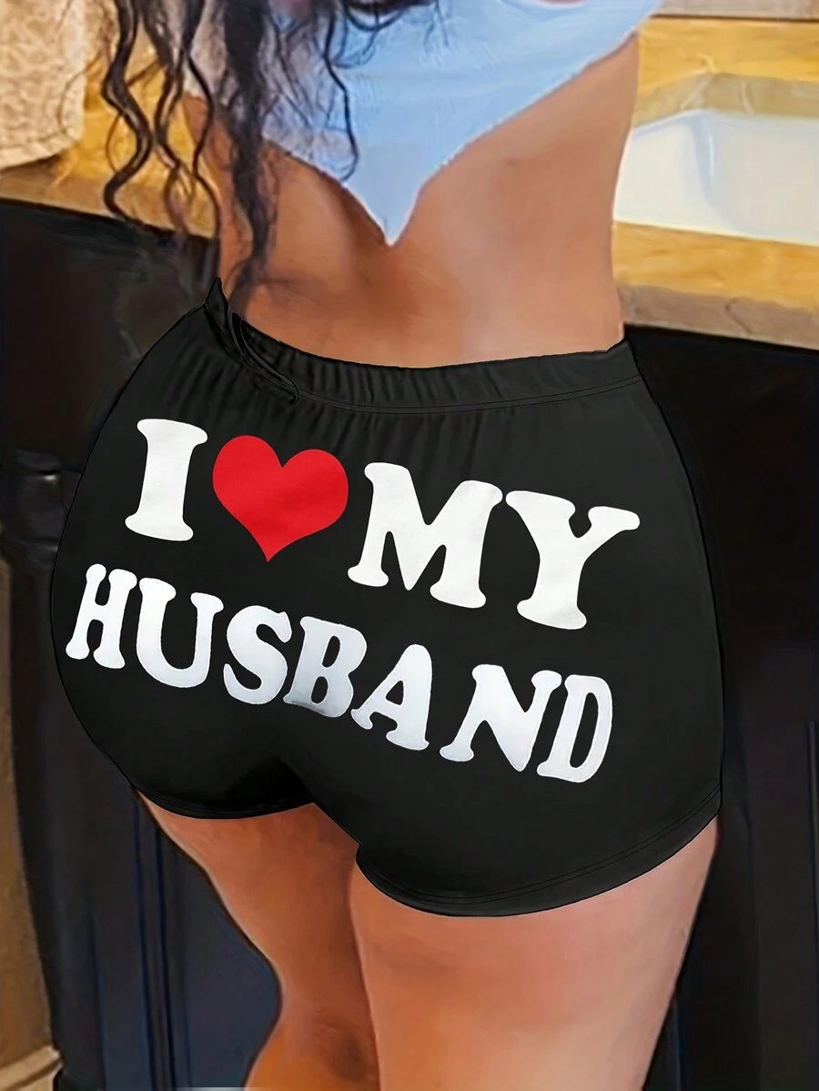 New Summer Women's Stretchy Casual Letter Print Shorts - Black - View 1