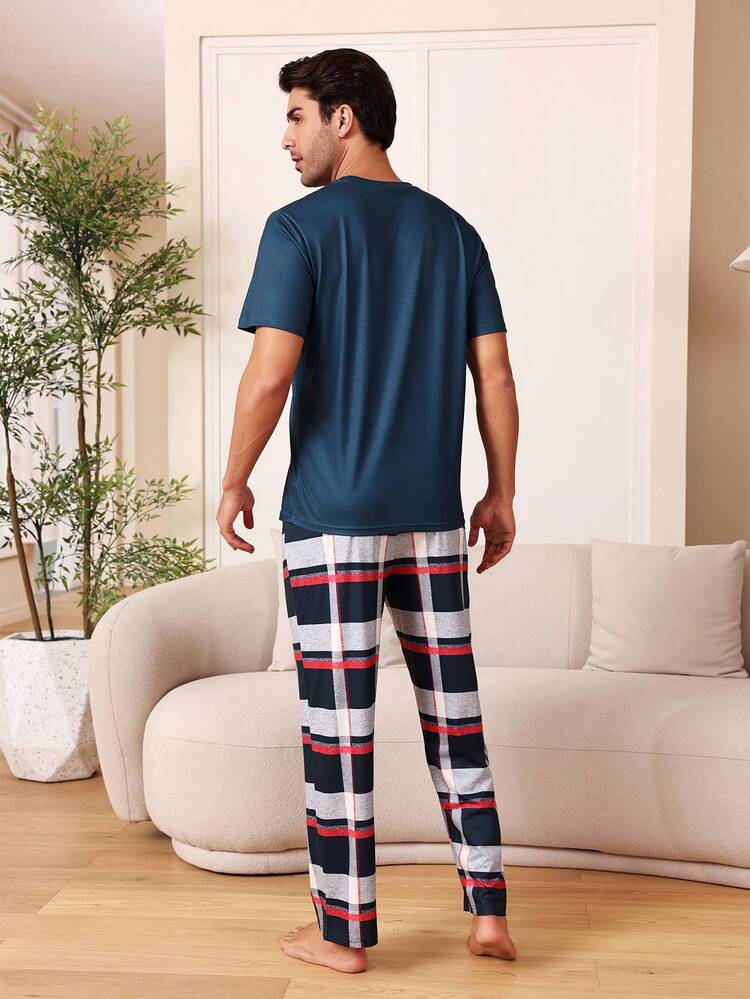 Men's Mountain & Letter Print Top And Plaid Long Pants Homewear Set