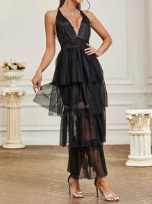 SHEIN Belle Solid Color Mesh V-Neck Halter Bridesmaid Dress With Patchwork - Black - View 3